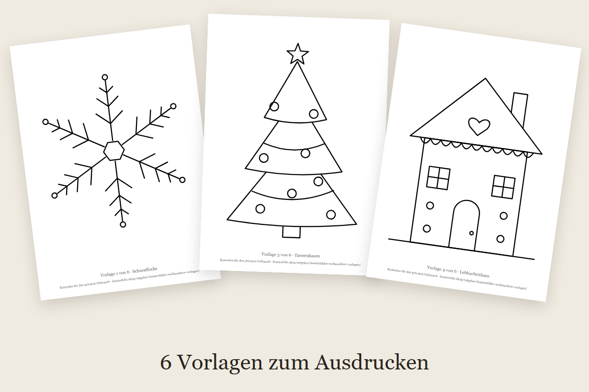 Drei ausgedruckte Vorlagen: Schneeflocke, Tannenbaum und Lebkuchenhaus